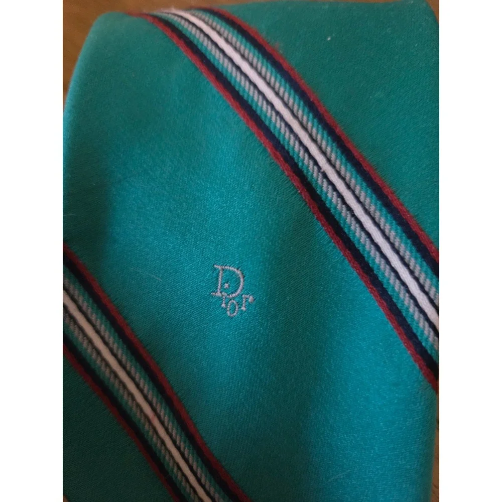 Christian Dior Vintage Teal Striped Silk Blend Tie Italian Fabric Logo - Picture 3 of 5